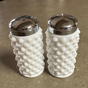 Fenton White Hobnail Salt and Pepper Shakers with Silver Tops